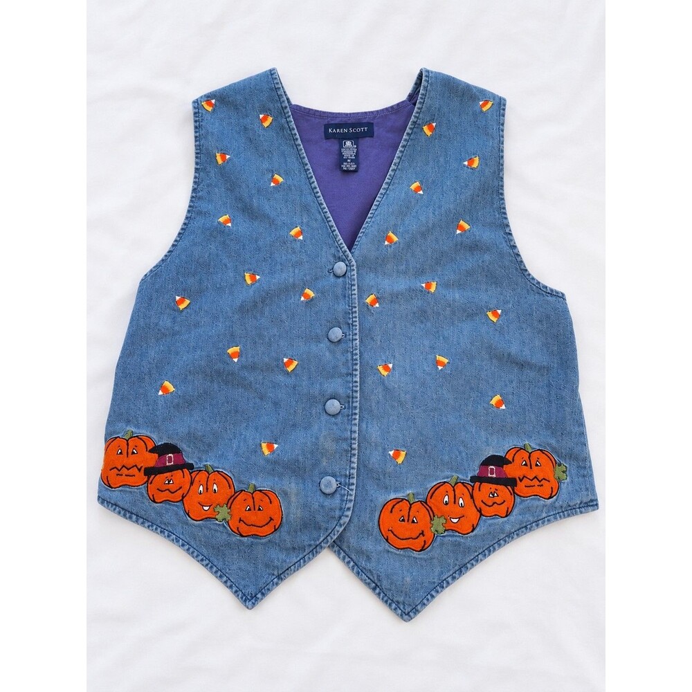 Karen Scott kitsch Halloween Denim Vest Women’s M Pumpkin & Candy Corn